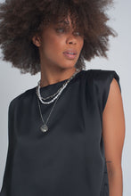 Load image into Gallery viewer, Gathered Satin Shoulder Pad Sleeveless Top in Black