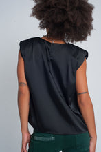 Load image into Gallery viewer, Gathered Satin Shoulder Pad Sleeveless Top in Black
